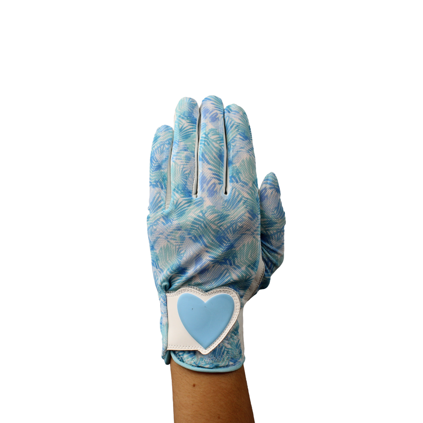Ladies golf glove with a white and teal tropical frond design