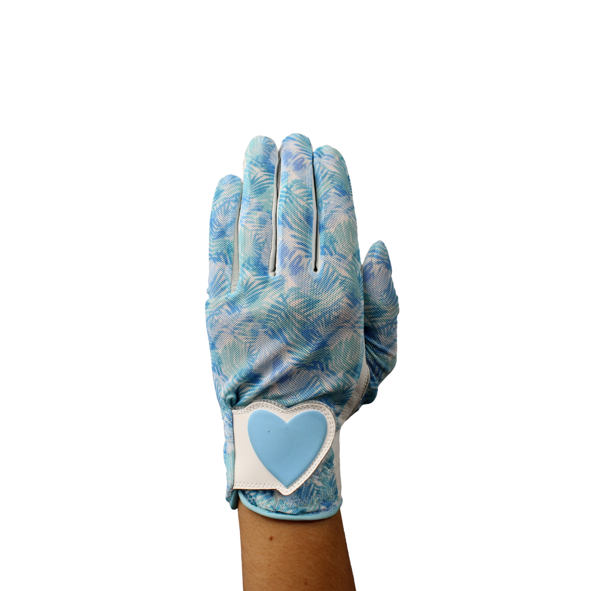 Ladies golf glove with a white and teal tropical frond design