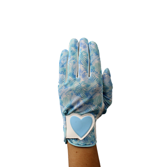 Ladies golf glove with a white and teal tropical frond design