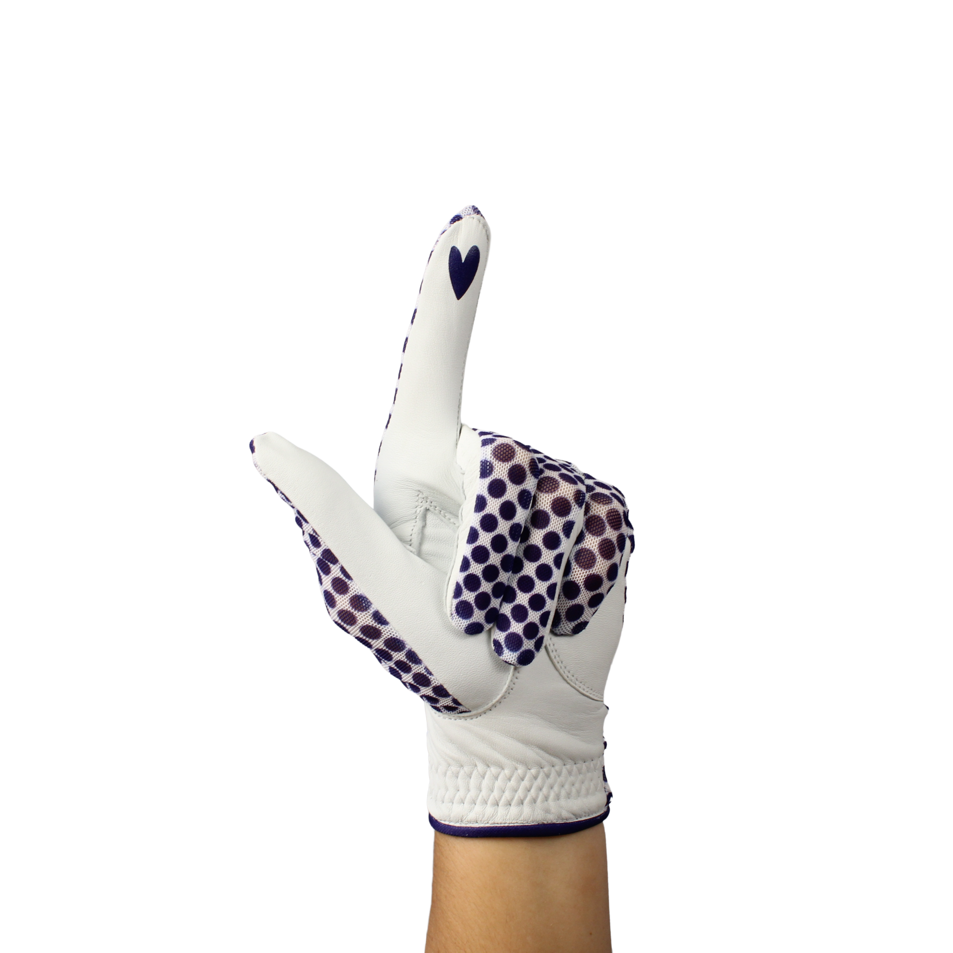 White ladies golf glove with blue spots.