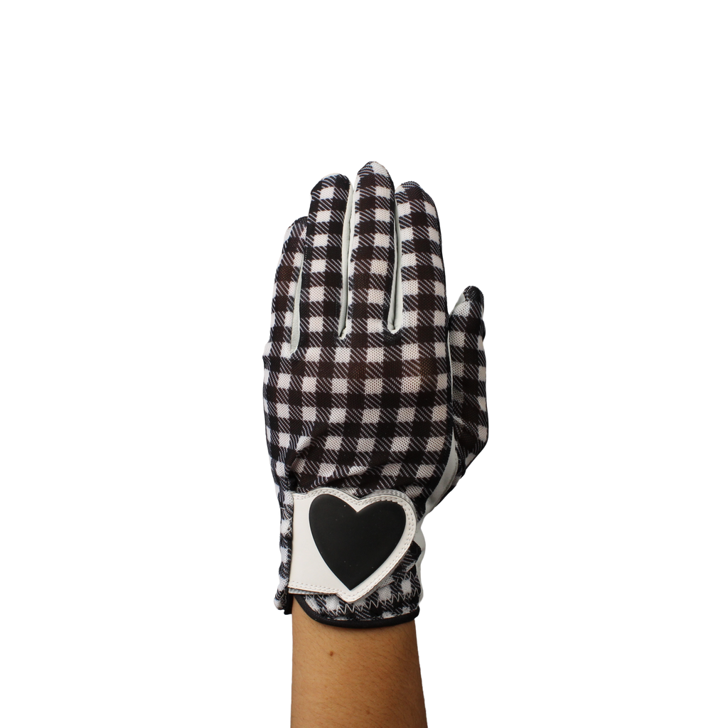 Ladies golf glove with black and white checker pattern