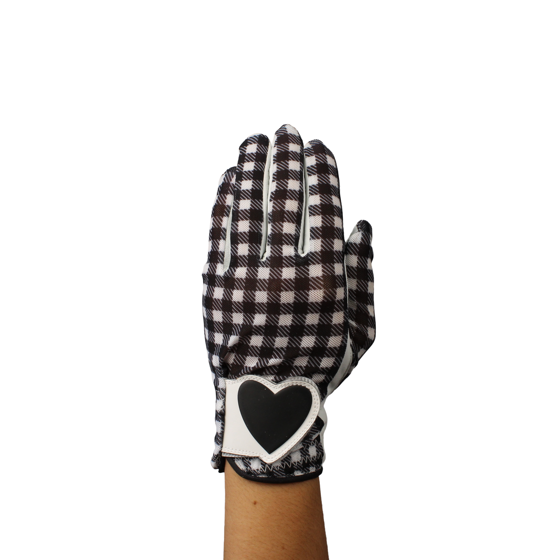 Ladies golf glove with black and white checker pattern