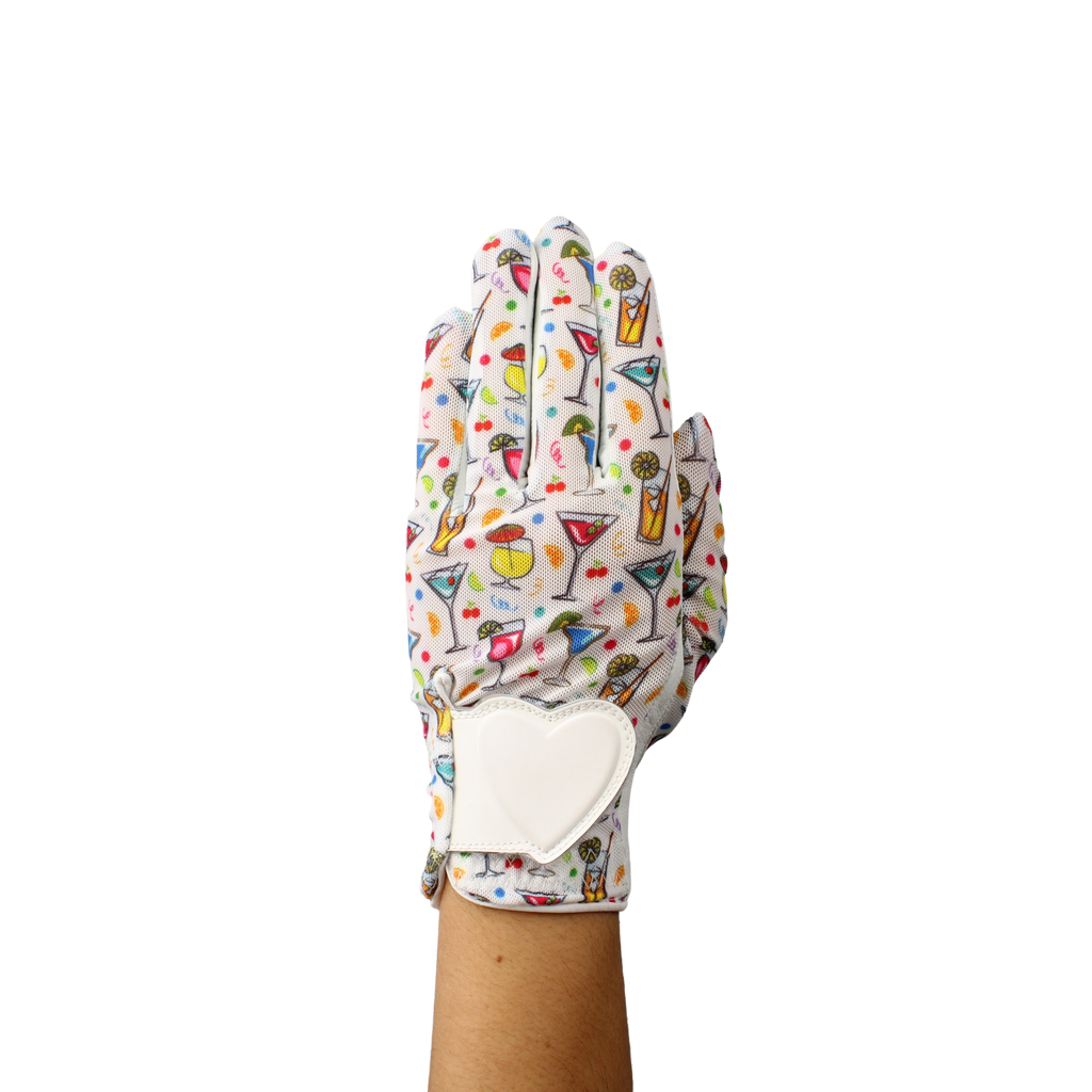 Ladies golf glove with a mixed drinks pattern