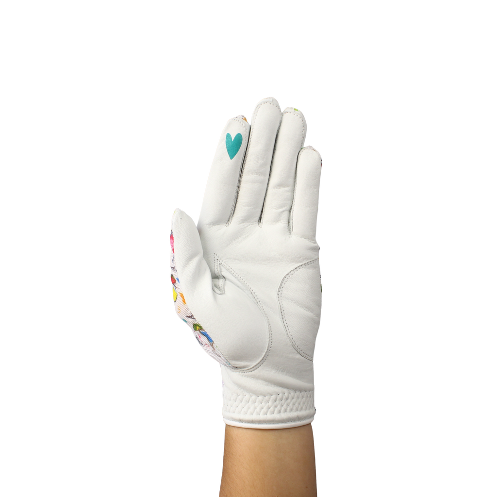 Ladies golf glove with a mixed drinks pattern