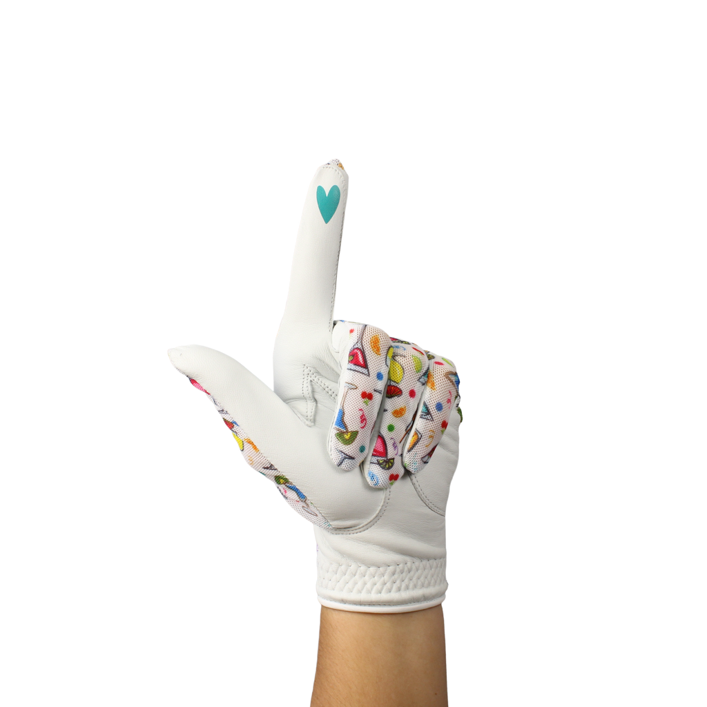 Ladies golf glove with a mixed drinks pattern
