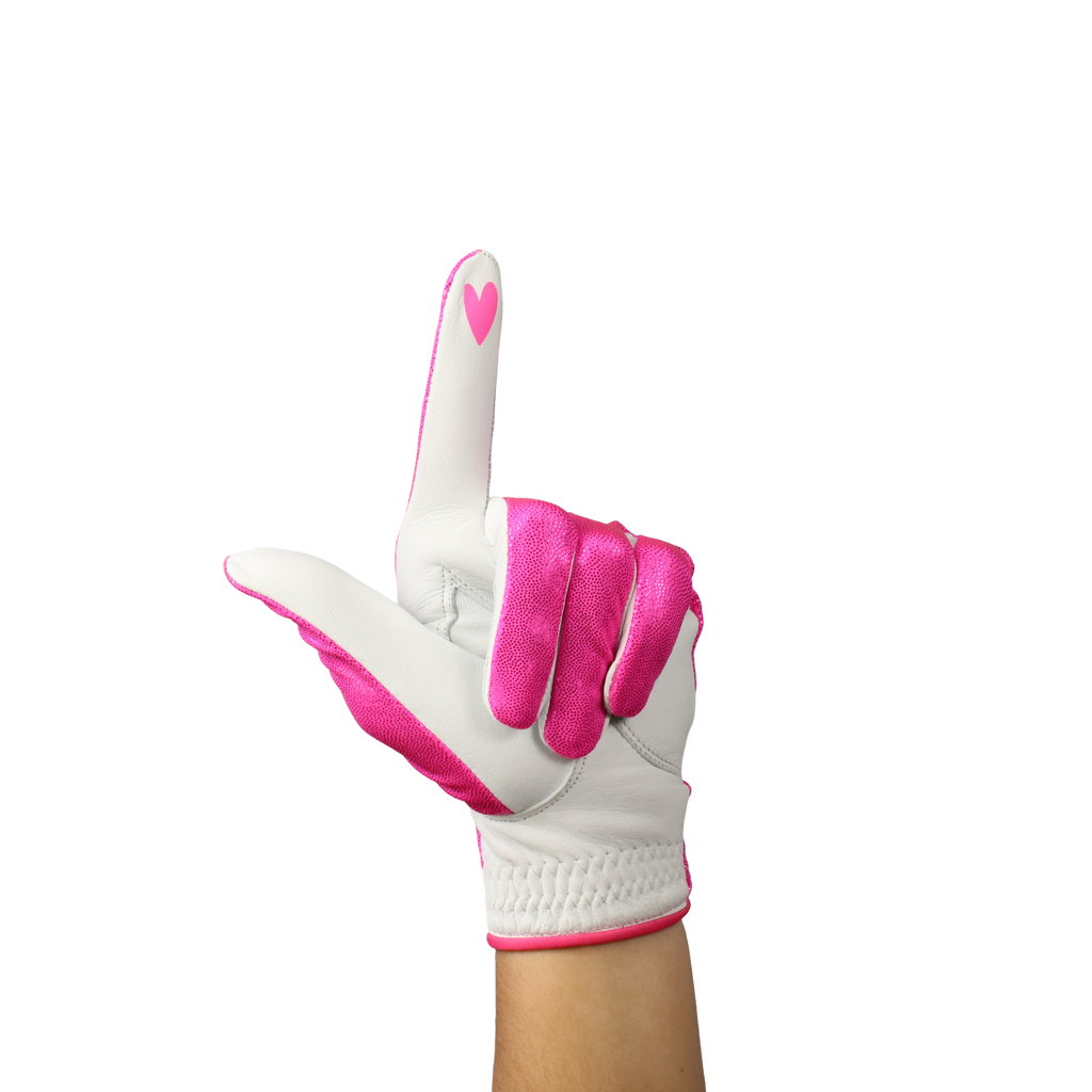 Ladies golf glove with pink glitter fabric print