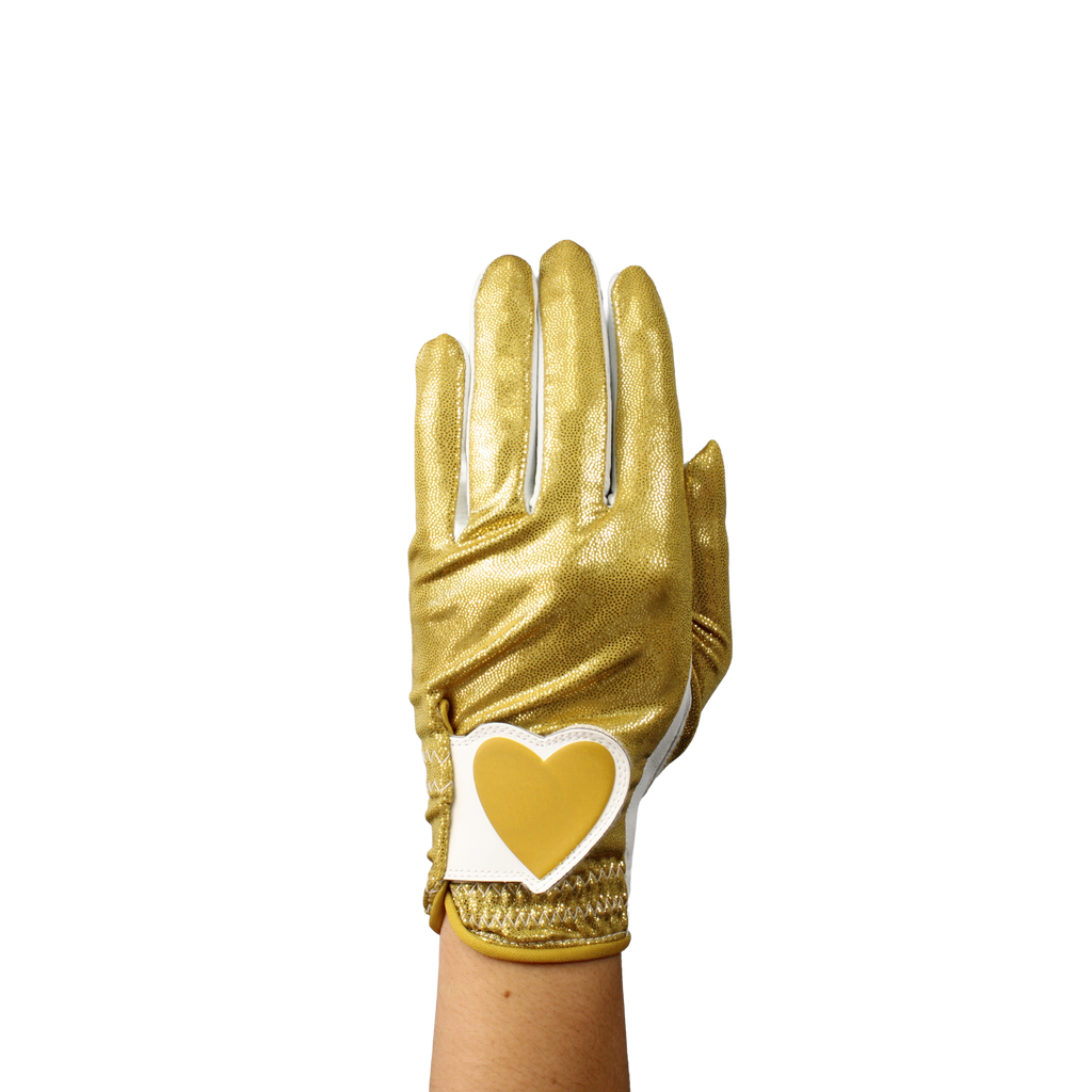 Ladies golf glove with gold glitter fabric print