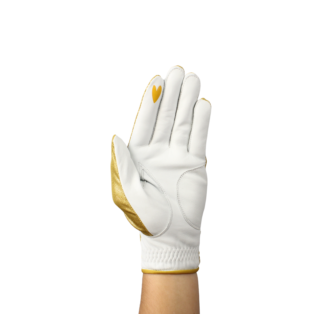 Ladies golf glove with gold glitter fabric print