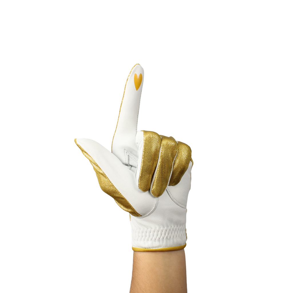 Ladies golf glove with gold glitter fabric print