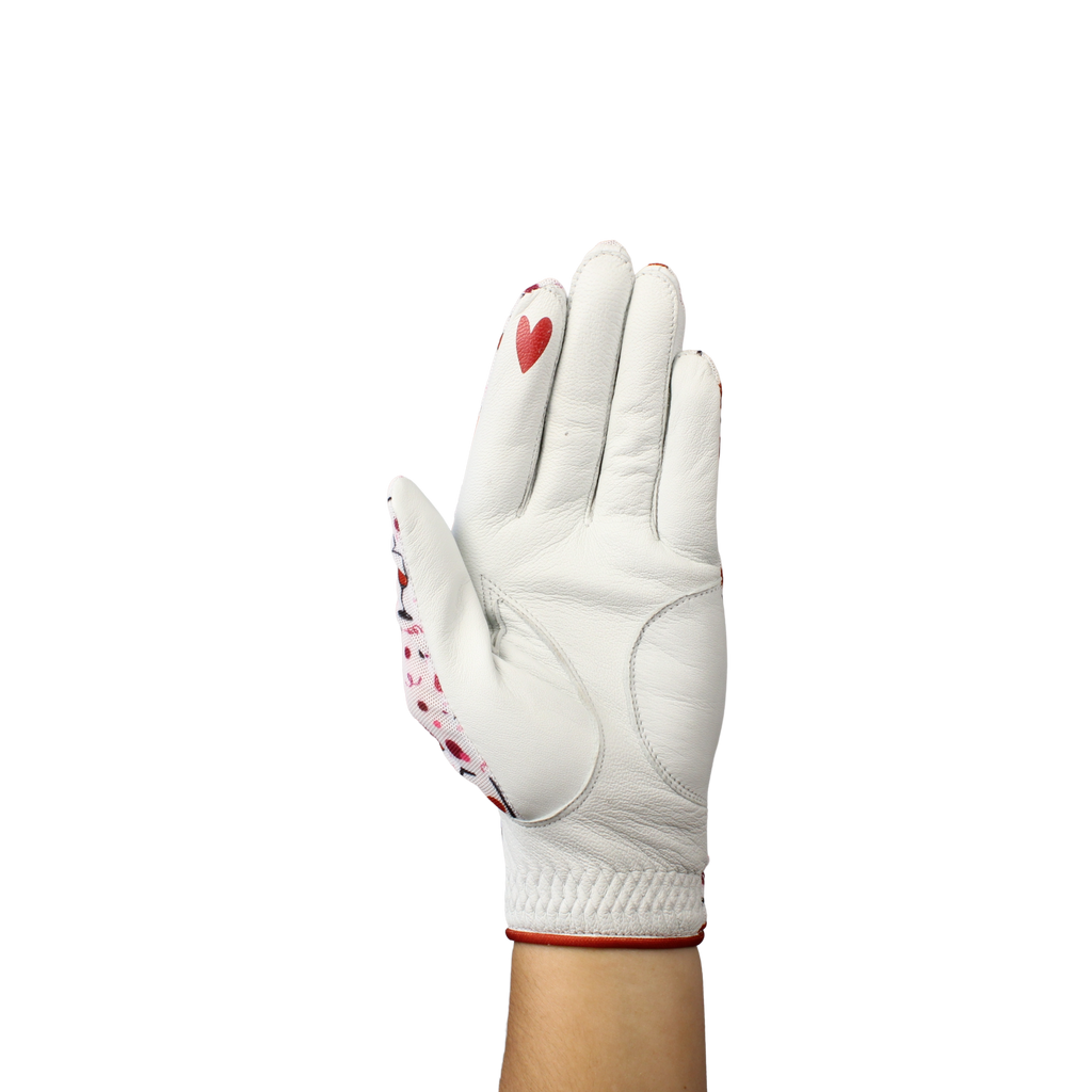 Ladies golf glove with wine glasses and red hearts