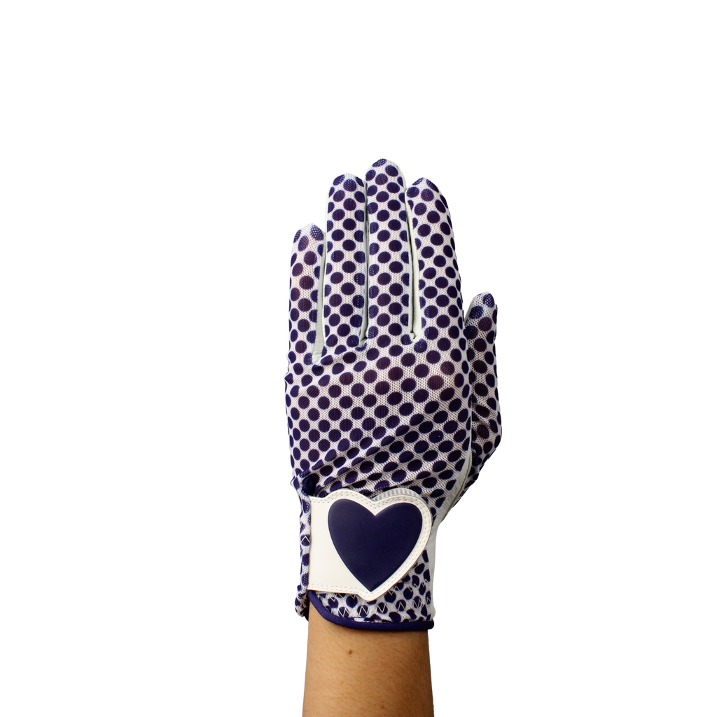 White ladies golf glove with blue spots.