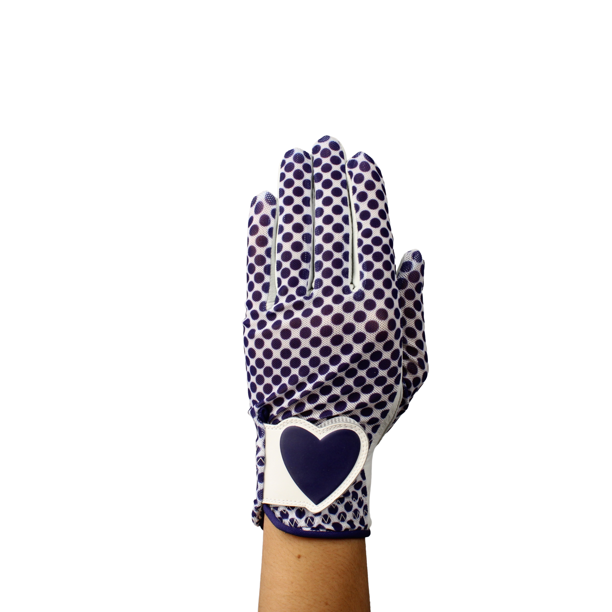 White ladies golf glove with blue spots.