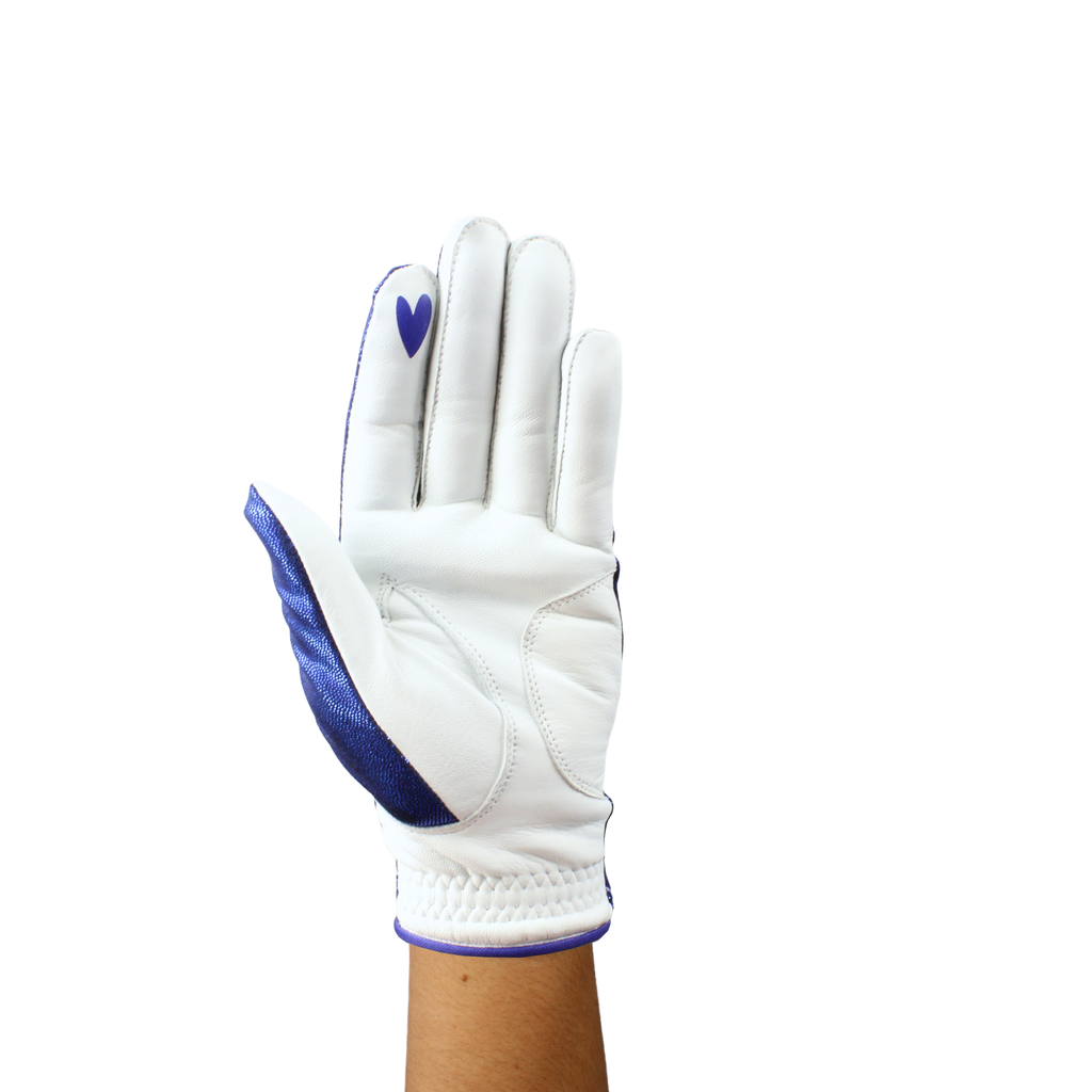 Ladies golf glove with blue glitter print